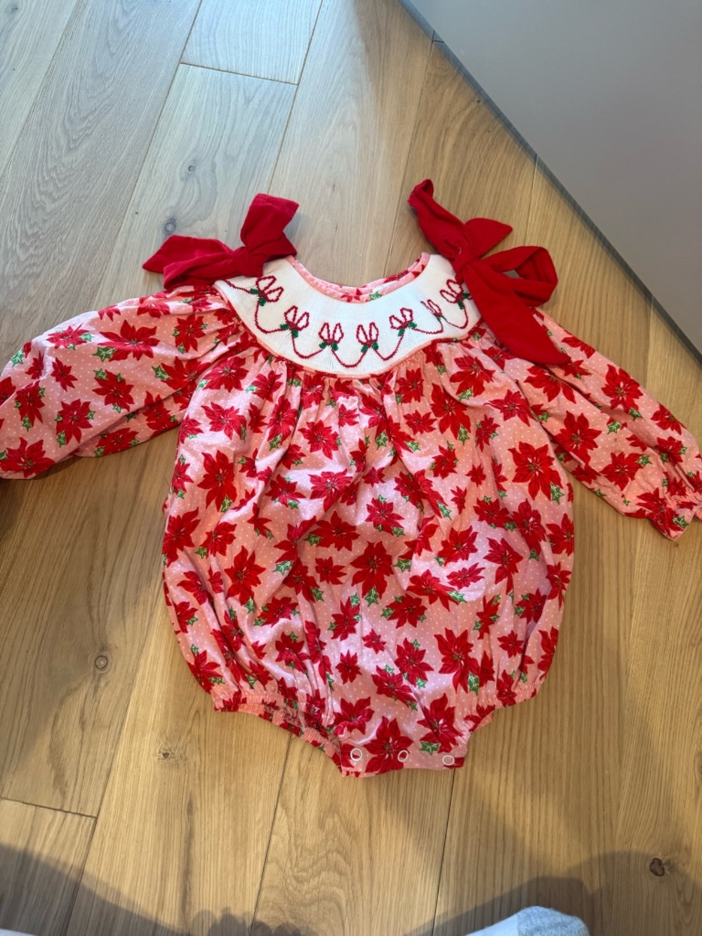 Red Poinsettia Print Baby Bubble Romper with Bow Shoulders